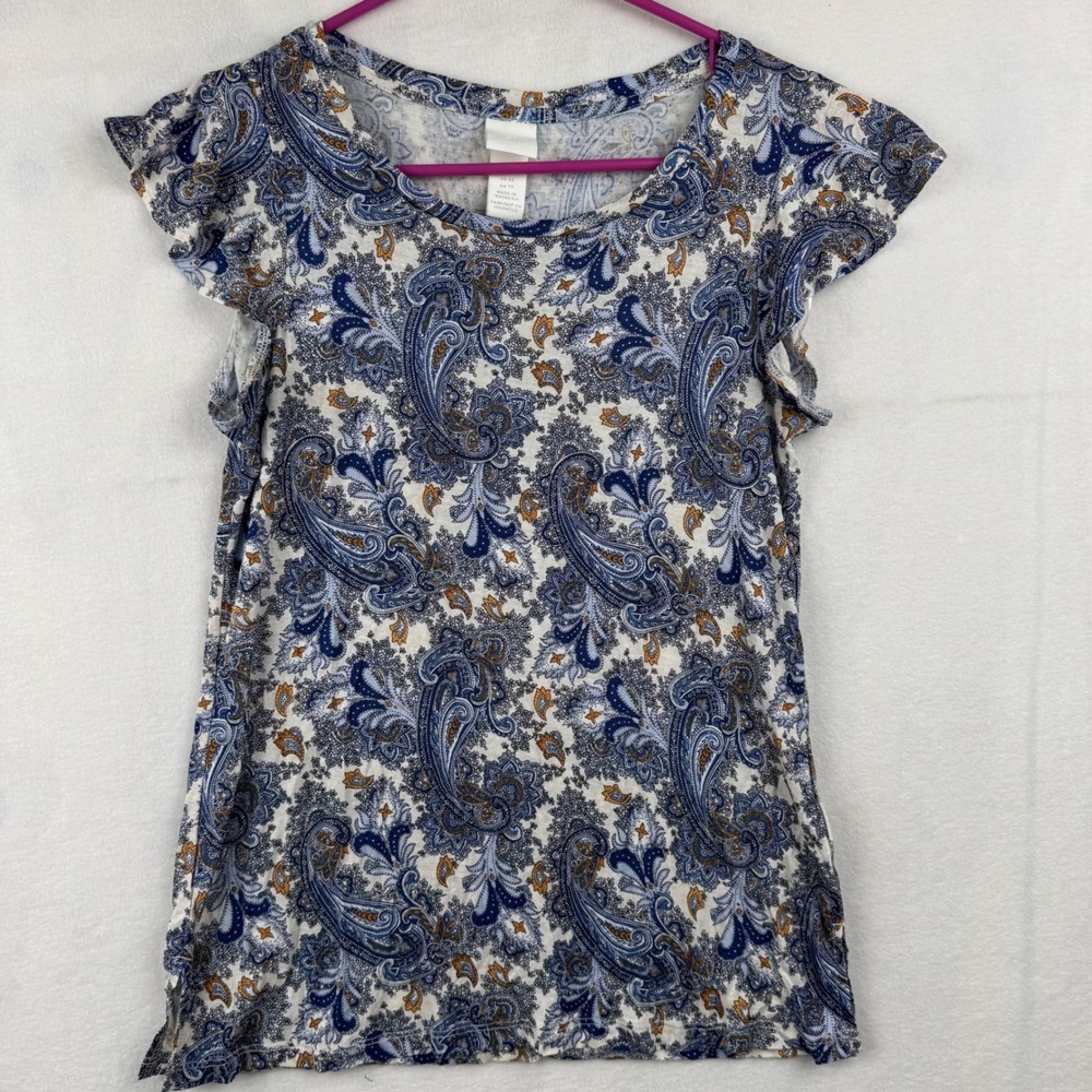 H&M Womens Paisley Print Ruffle Cap Sleeve T-Shirt Top Blue XS 0708459 9